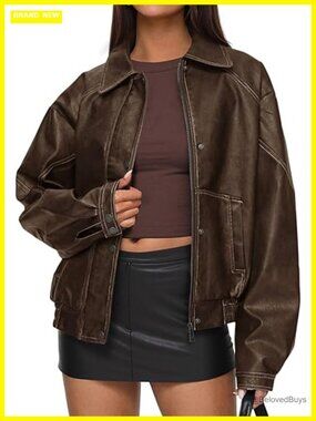 Faux Leather Jacket Women Bomber Motorcycle Zip Up Oversized Fall Winter Coats